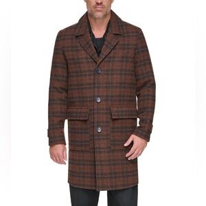 Andrew Marc Coat Men's XL Brown Bexar Plaid Wool Blend Longline Overcoat NEW